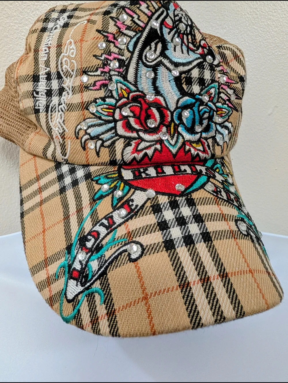 Ed Hardy Vintage Y2K Plaid Trucker Hat with Embroidered Skull and Roses